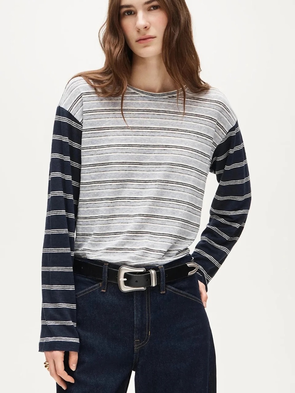 J. Crew Relaxed Linen Long-Sleeve T-Shirt in Stripe size large blue white